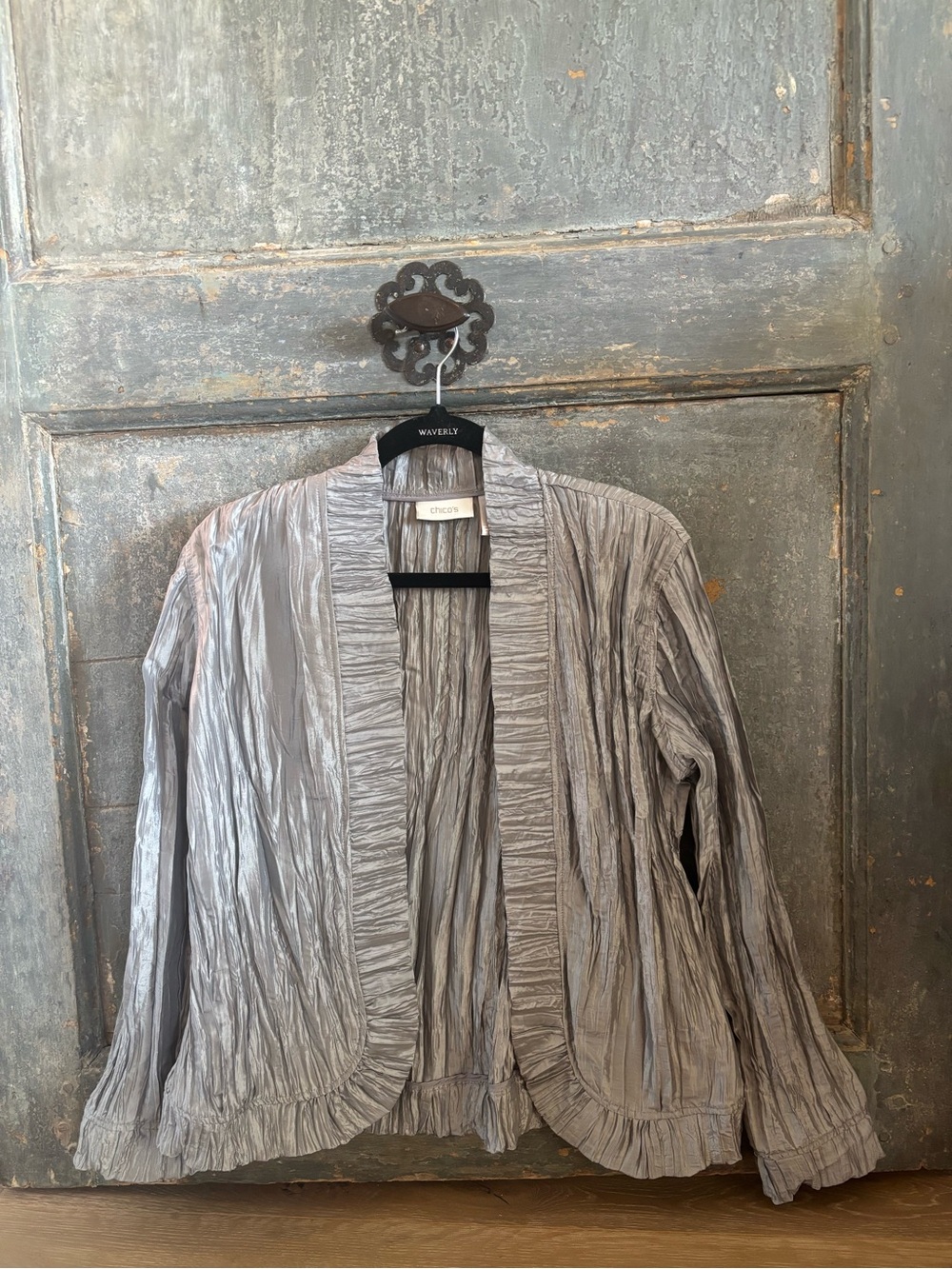 Chico's Silver Gray Crinkled Open-Front Jacket